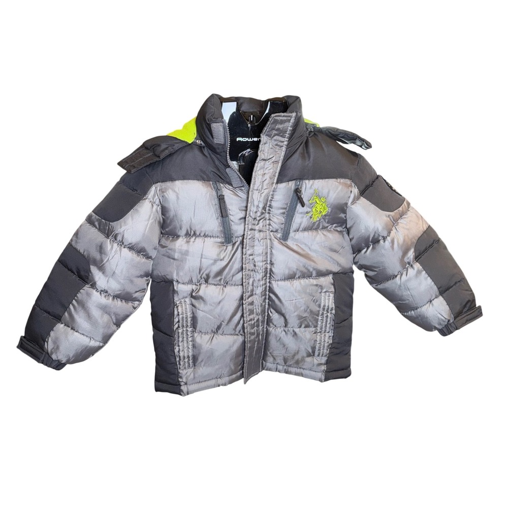 Kids US Polo Assn Puffer Jacket Hooded Zip Up Winter Coat Gray/Green Size M 5/6